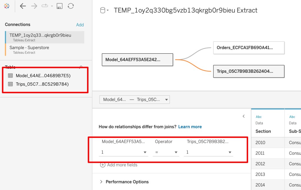 Two separate tables in the hyper file. Build/Guess the relation between those two tables.
